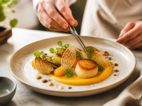 Assiette gastronomique joliment dressée par des mains de chef à l'aide d'une pince de cuisine