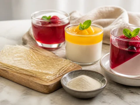 Feuilles de gélatine et poudre d'agar-agar près de desserts pris en verrines
