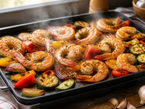 Plancha en pleine cuisson avec légumes et gambas grillés, cuisson à la plancha réussie