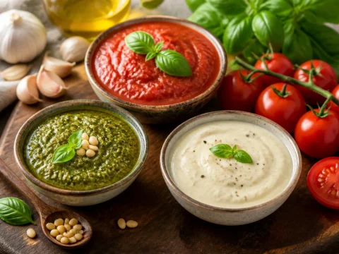 Assortiment de sauces italiennes en bols, tomate et pesto basilic sur planche rustique