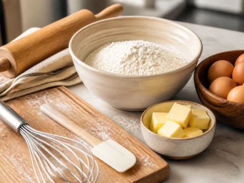 Plan de travail de pâtisserie avec farine, œufs, fouet et rouleau pour débuter les bases