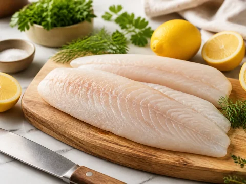 Filets de poisson frais levés sur une planche avec couteau et citron