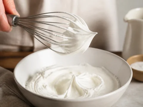 Chantilly parfaite ferme formant un bec sur le fouet au-dessus d'un bol de crème