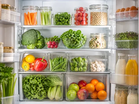Intérieur d'un réfrigérateur bien organisé et rangé avec des aliments frais par zones