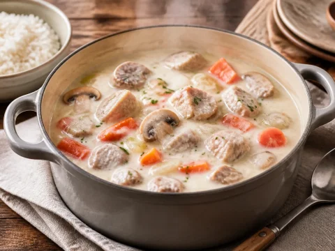 Blanquette de veau crémeuse en cocotte avec carottes, champignons et riz