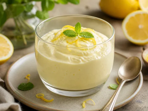 Mousse au citron aérienne servie en verrine avec zeste de citron et feuille de menthe
