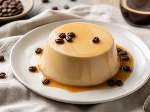 Panna cotta au café démoulée sur une assiette avec grains de café et coulis
