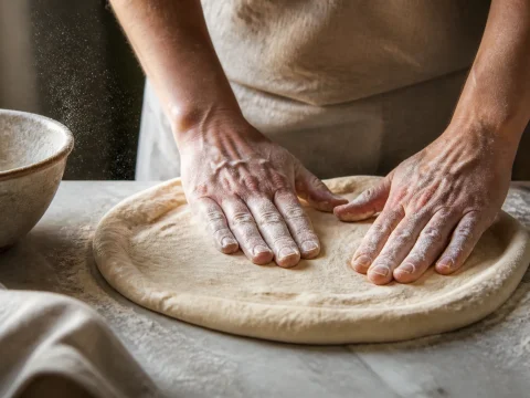 Pâte à pizza maison étalée à la main sur un plan de travail fariné