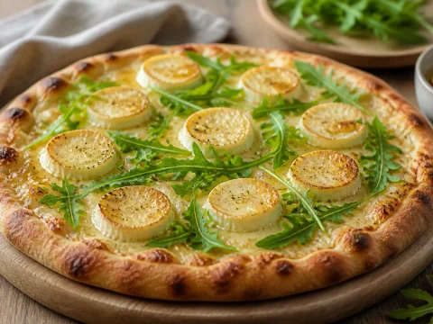 Pizza chèvre-miel avec rondelles de bûche de chèvre, filet de miel doré et roquette