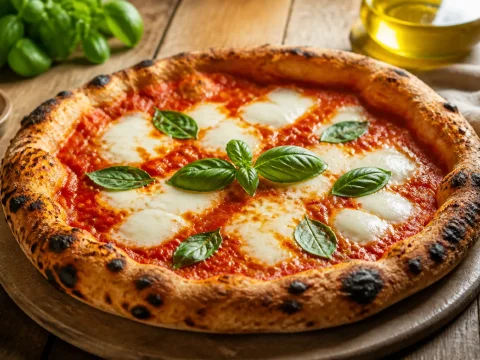 Pizza margherita entière sortie du four avec mozzarella fondante, tomate et basilic frais