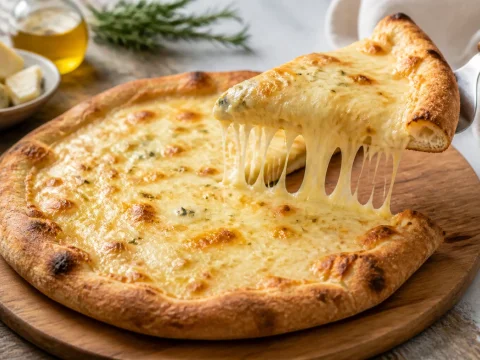 Pizza quatre fromages au fromage fondu et filant avec une part soulevée