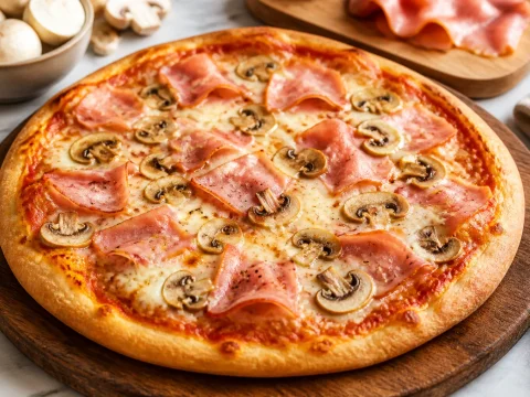 Pizza reine garnie de jambon, champignons émincés et mozzarella fondante sortie du four