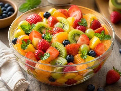 Salade de fruits frais colorée en coupe avec feuilles de menthe