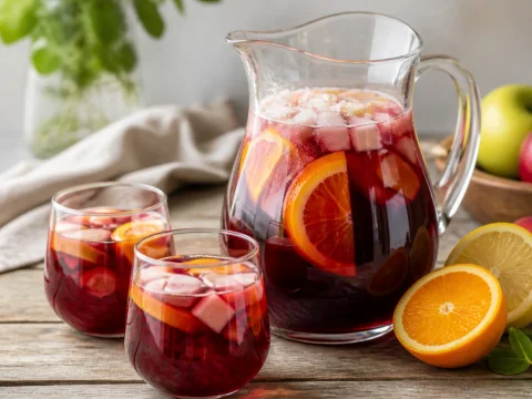 Pichet de sangria rouge avec morceaux de fruits frais et verres servis