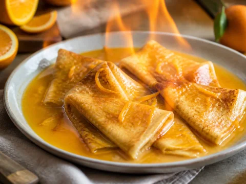 Crêpes Suzette pliées nappées de sauce à l'orange en plein flambage