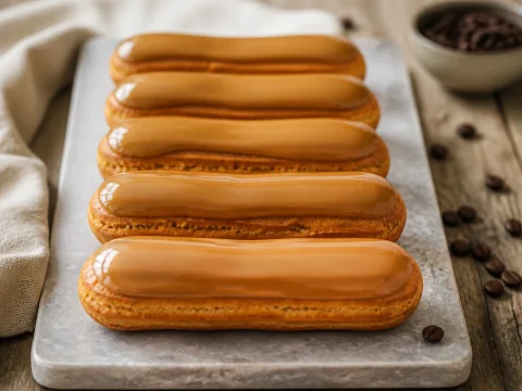Éclairs au café alignés avec un glaçage café brillant