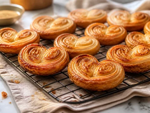 Palmiers feuilletés dorés et caramélisés sur une grille de refroidissement