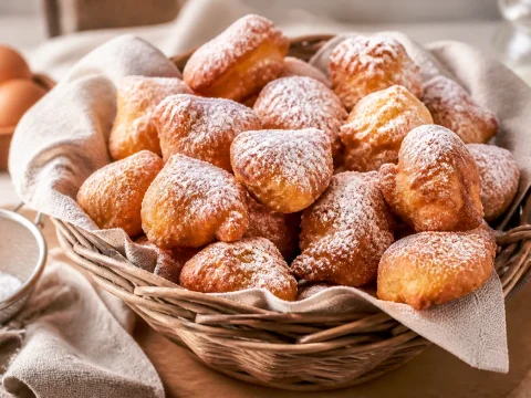 Pets-de-nonne, petits beignets soufflés dorés saupoudrés de sucre glace