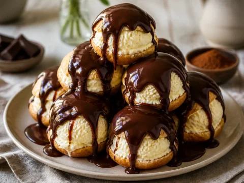 Profiteroles au chocolat nappées de sauce chaude avec glace à la vanille