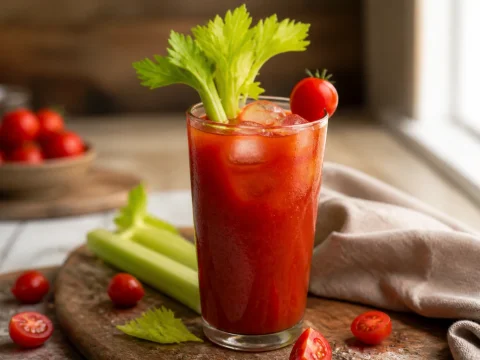 Bloody Mary rouge et épicé avec branche de céleri et tomate cerise