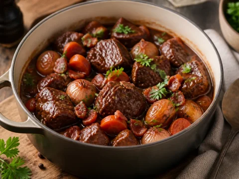 Bœuf bourguignon mijoté avec sauce au vin rouge, lardons, carottes et persil