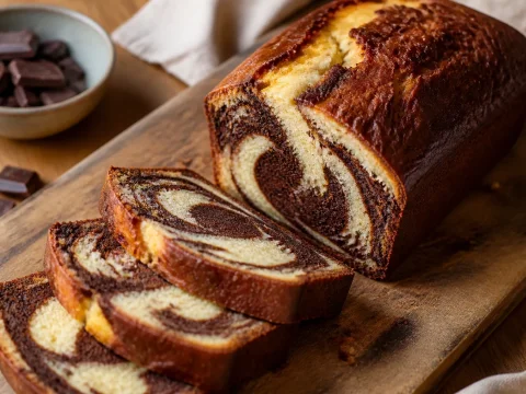 Cake marbré tranché révélant le motif marbré chocolat et vanille