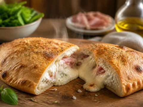 Calzone farci doré ouvert laissant voir la garniture ricotta-jambon fumante