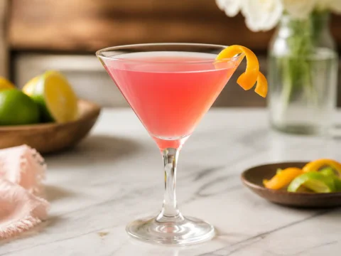 Cocktail cosmopolitan rose dans un verre à martini avec un zeste en décoration