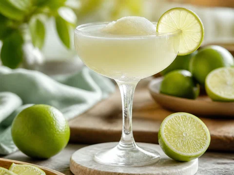 Daiquiri glacé servi dans une coupe givrée avec une rondelle de citron vert