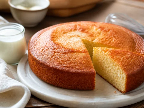 Gâteau au yaourt doré et tranché montrant une mie moelleuse à côté d'un pot de yaourt en verre
