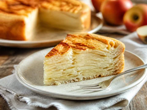 Part de gâteau invisible aux pommes avec fines lamelles de pommes superposées