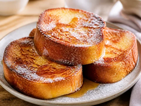 Pain perdu brioché doré à la poêle avec sucre glace et filet de sirop d'érable