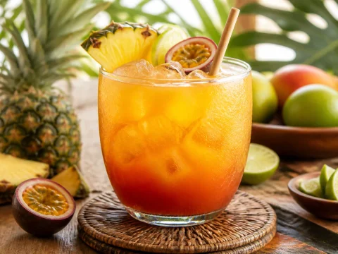 Punch planteur antillais aux fruits exotiques servi avec une paille