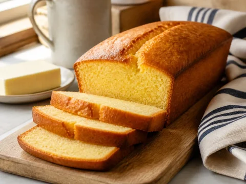 Quatre-quarts breton doré et tranché posé sur un torchon breton avec une plaquette de beurre