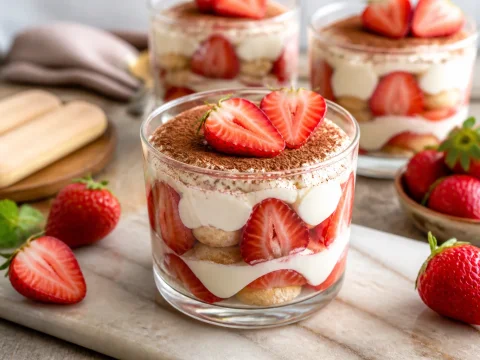 Verrine de tiramisu aux fraises avec couches de mascarpone et fraises fraîches