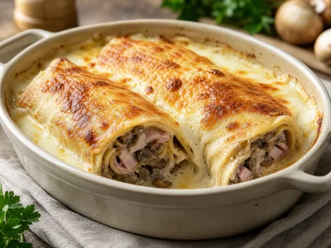 Ficelle picarde : la crêpe gratinée au jambon et champignons de Picardie