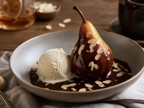 Recette de la poire belle-Hélène : poires, glace vanille et chocolat