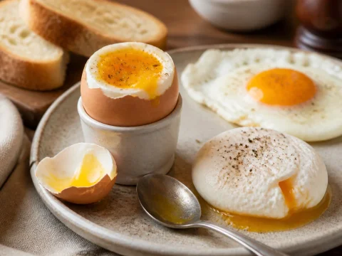 Œufs cuisinés de plusieurs façons avec un œuf mollet coulant coupé en deux au premier plan