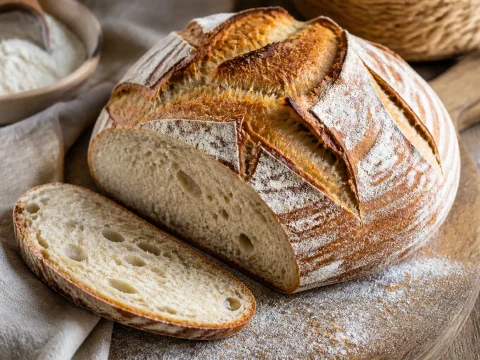 Miche de pain au levain maison à la croûte dorée et grignée, farine sur le plan de travail
