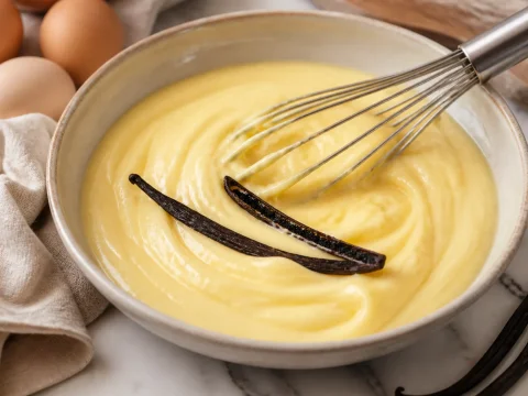 Crème pâtissière onctueuse dans un bol avec un fouet et une gousse de vanille, crème de base réussie