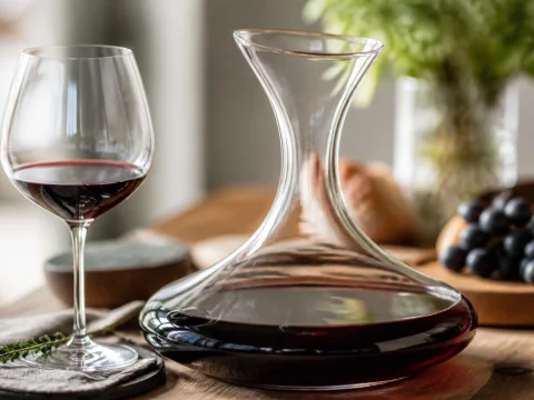 Carafe à décanter et verre de vin rouge lors d'un service du vin élégant