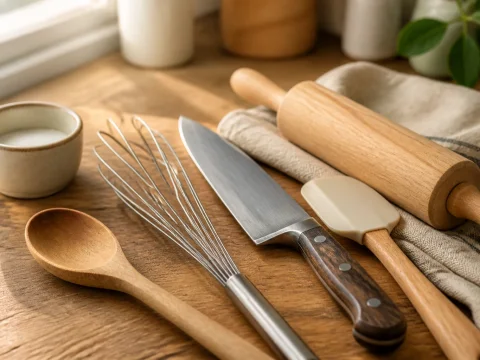 Ustensiles de cuisine indispensables disposés sur un plan de travail en bois, couteaux, casseroles et fouets